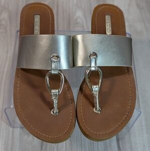 Aldo Sandals Women's Size 7.5 Brown Gold Shimmer Leather-Look Metal Ring Slides